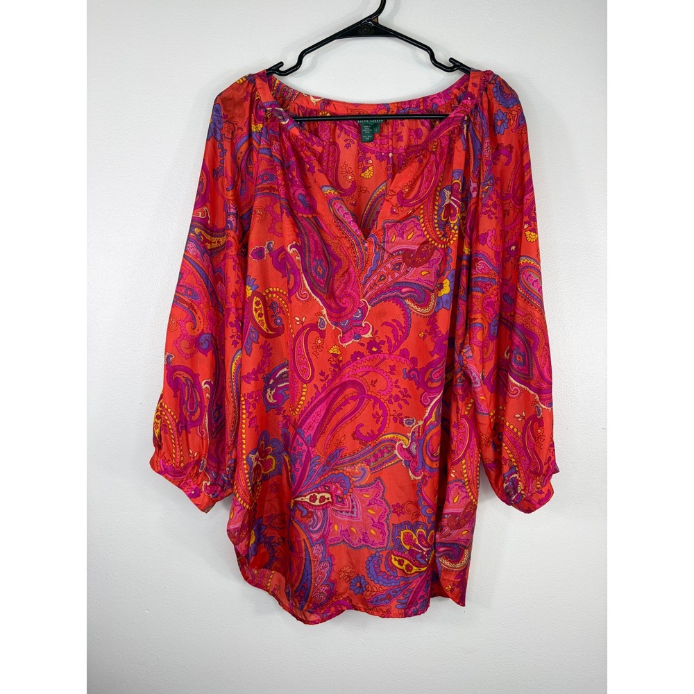 Lauren Ralph Lauren Silk Paisley Balloon Sleeve Blouse Red Women's Size Large